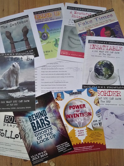 Flyers of recent site-specific and new writing productions by Bold Text Playwrights collective